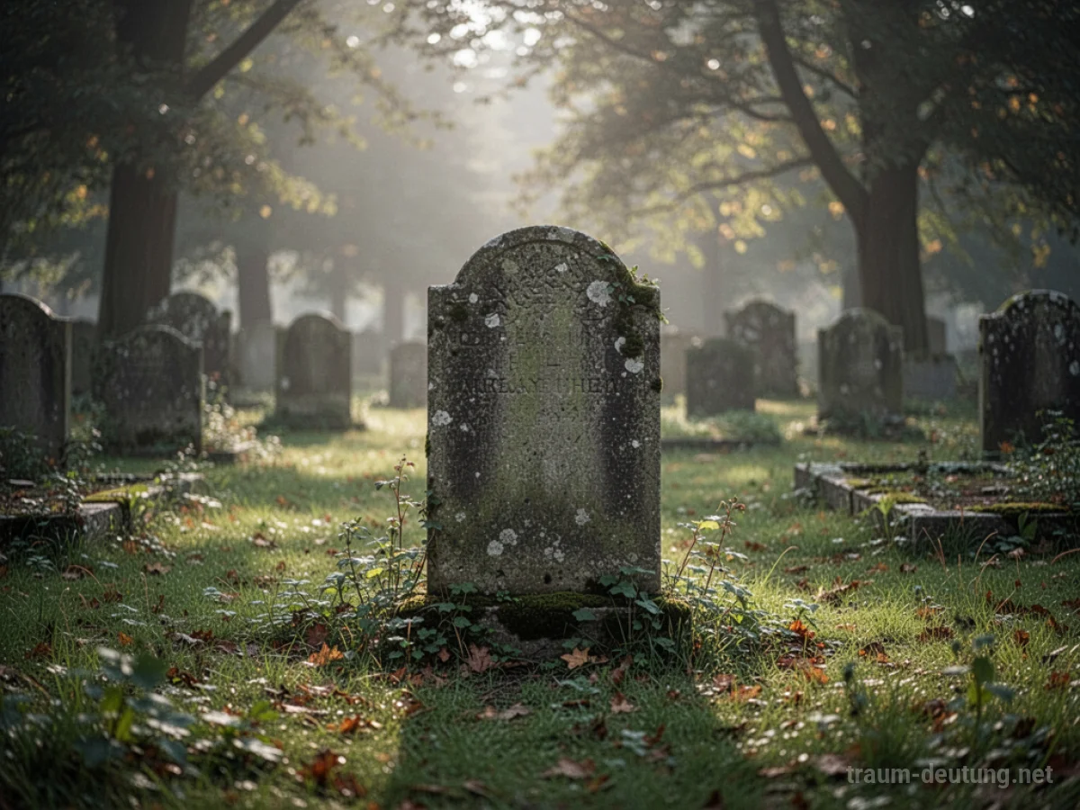 Ein altes Grab auf einem ruhigen Friedhof im sanften Licht.