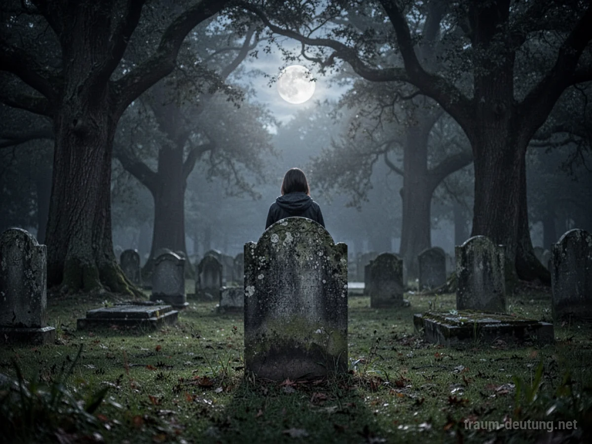 Eine einzelne Person steht vor einem Grabstein auf einem Friedhof im Mondlicht.