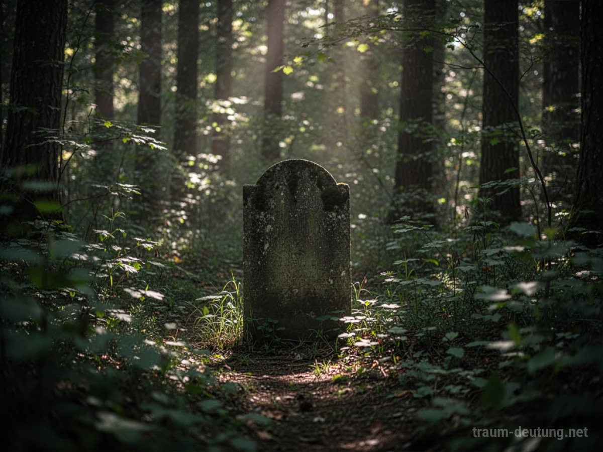 Ein Grabstein im dichten Wald zwischen Bäumen und Moos.