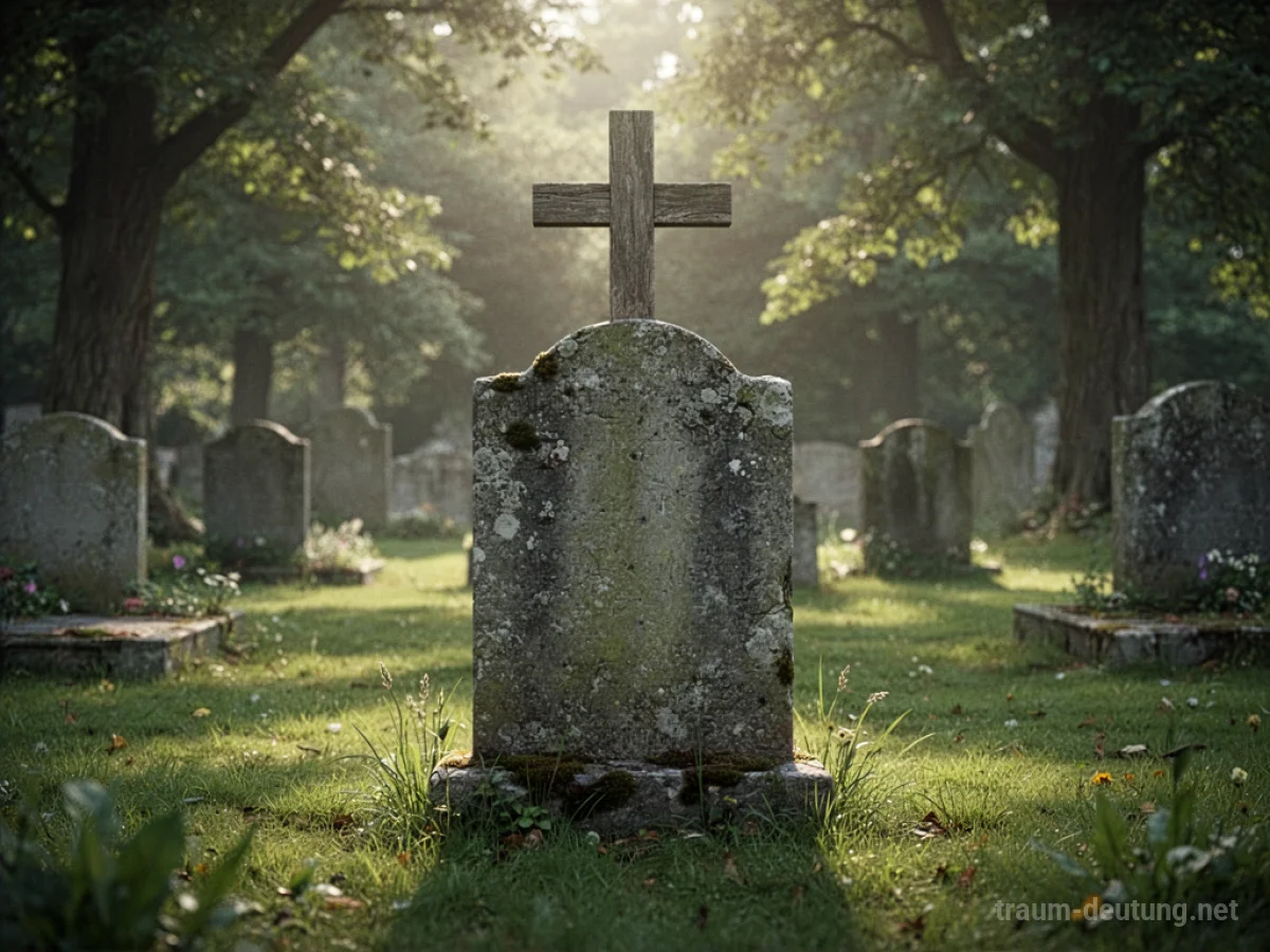 Ein Grabstein mit einem Kreuz im Sonnenschein auf einem Friedhof