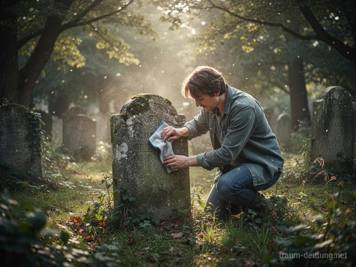 Eine Hand reinigt vorsichtig einen alten Grabstein in einem sonnenbeschienenen Friedhof.