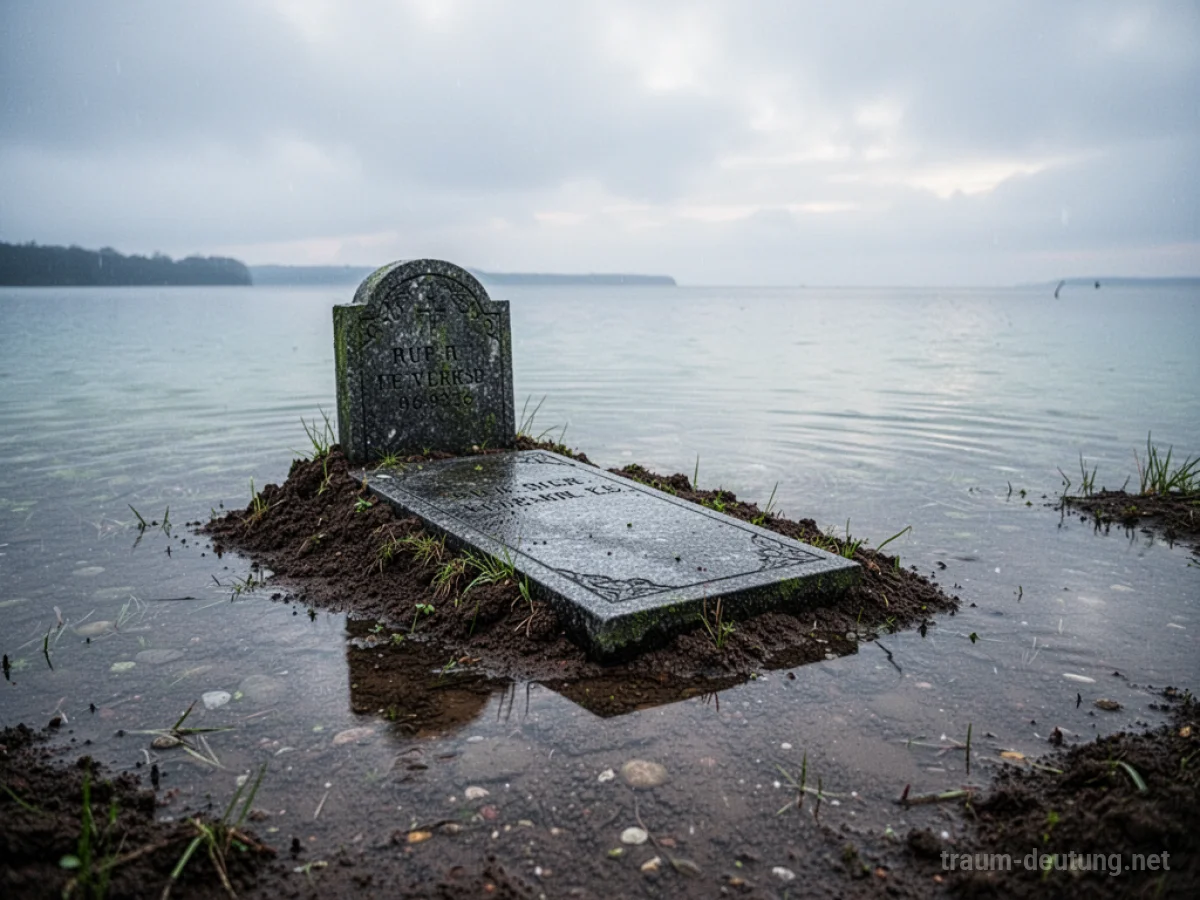 Überschwemmtes Grab im Traum, Wasser bedeckt Teile eines Grabsteins.