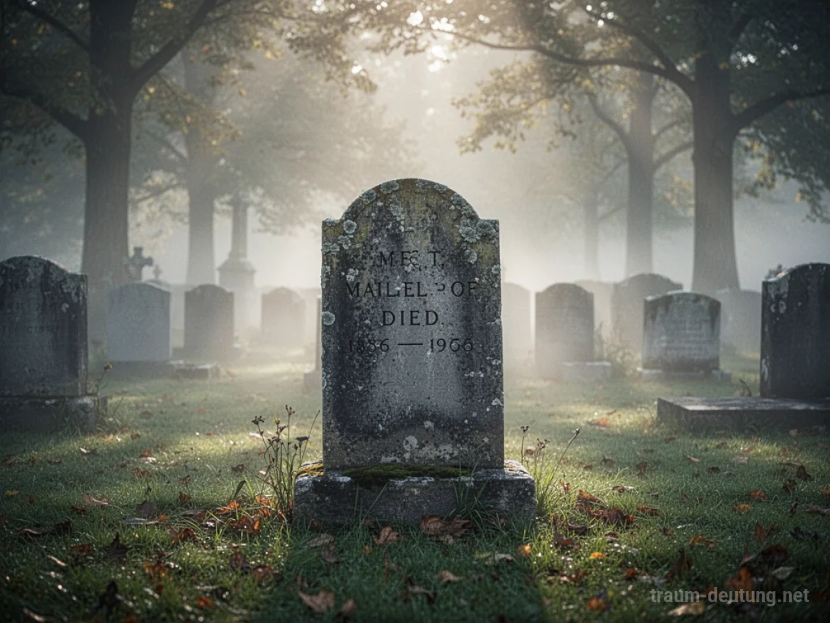 Ein alter Grabstein in einem nebligen Friedhof, teilweise von Bäumen umrahmt.