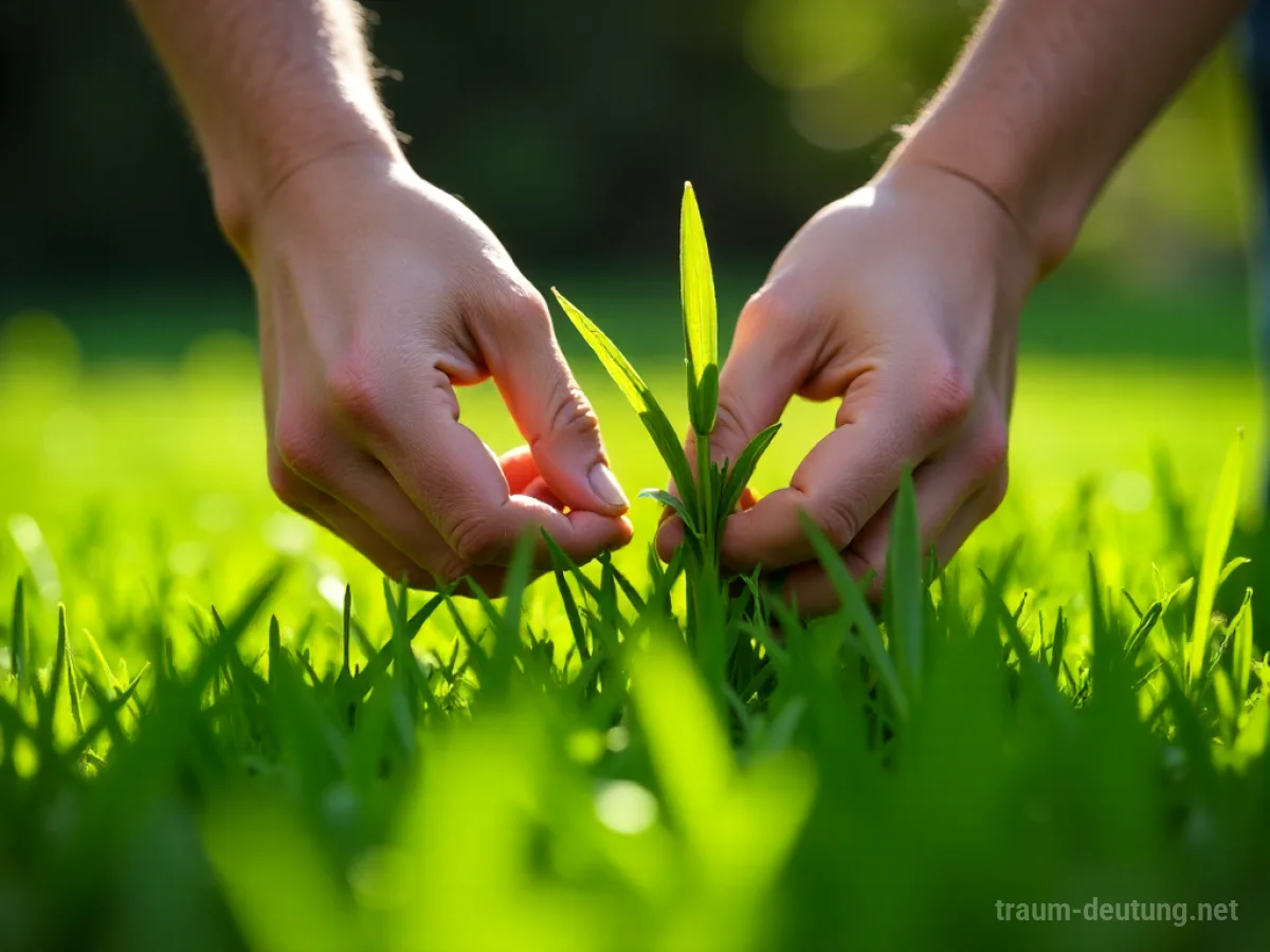 Hände reißen Unkraut aus grünem Gras im Garten