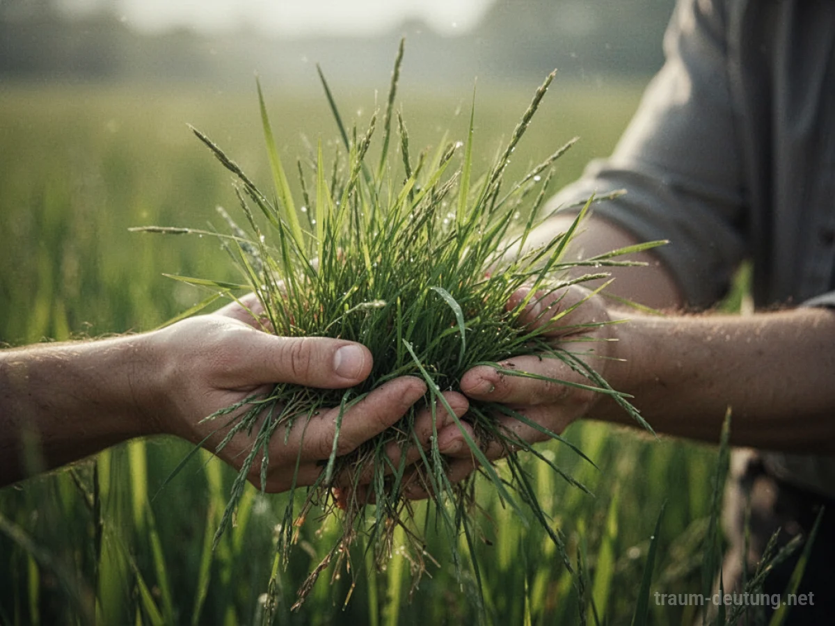Hand hält frisches grünes Gras
