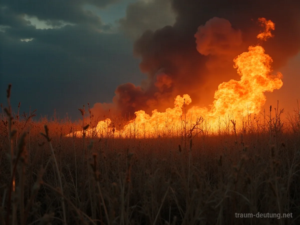 Trockenes Gras, das unter einem dramatischen Himmel in Flammen steht