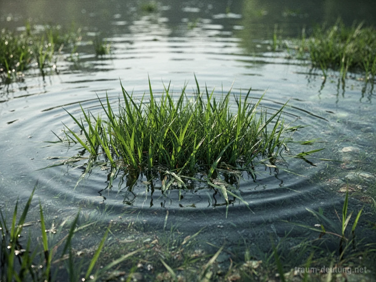 Grünes Gras schwimmt auf ruhigem Wasser.