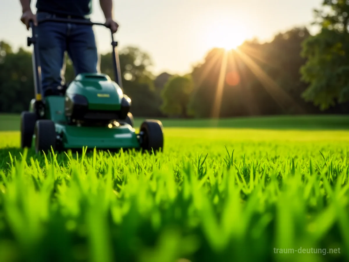 Gras wird mit einem Rasenmäher auf einer grünen Wiese geschnitten.