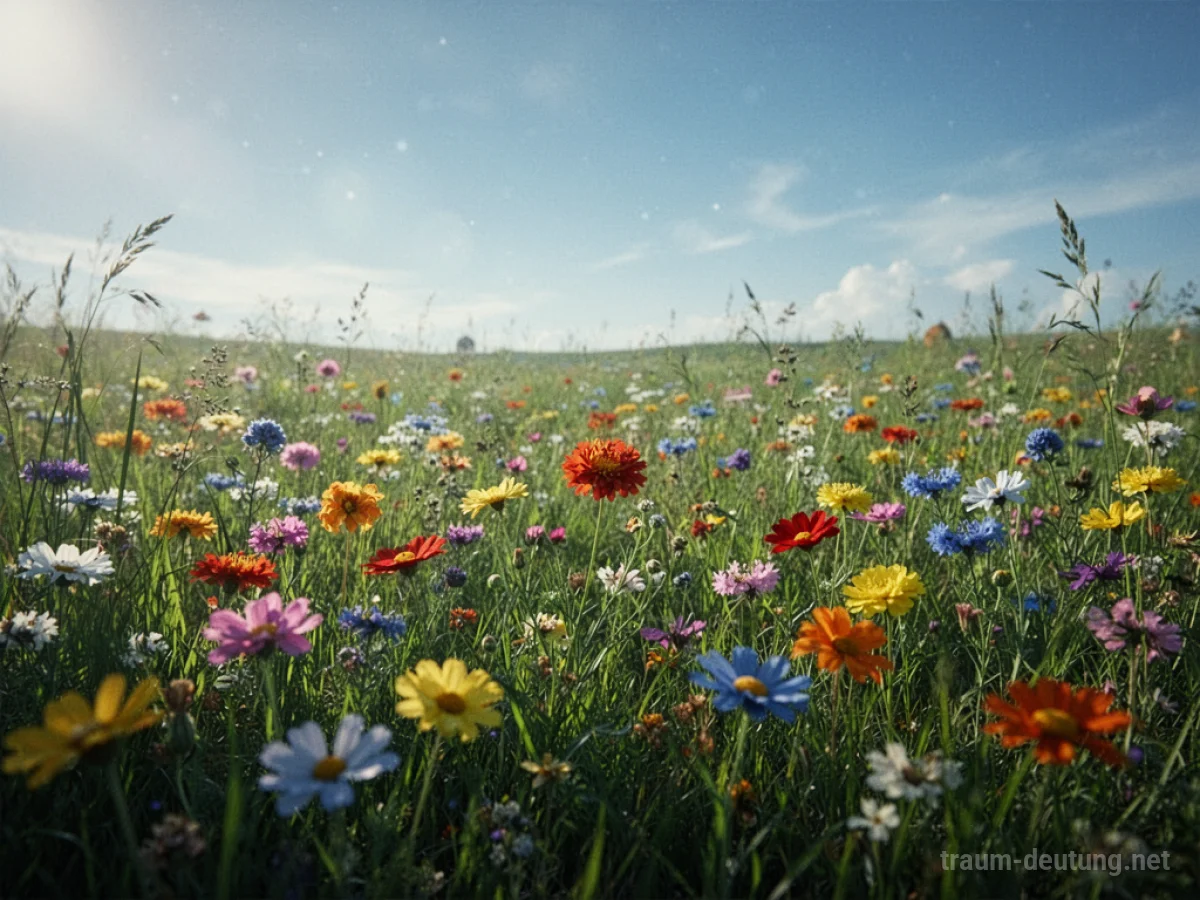 Grüne Wiese mit bunten Wildblumen im Sonnenschein
