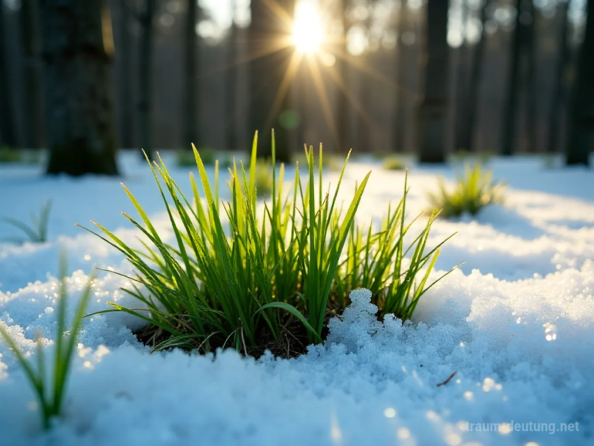 Grünes Gras wächst unter einer dünnen Schneedecke im Wald.