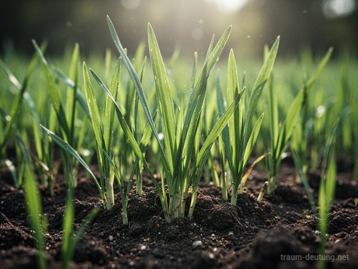Nahaufnahme von grünem Gras, das aus der Erde wächst.