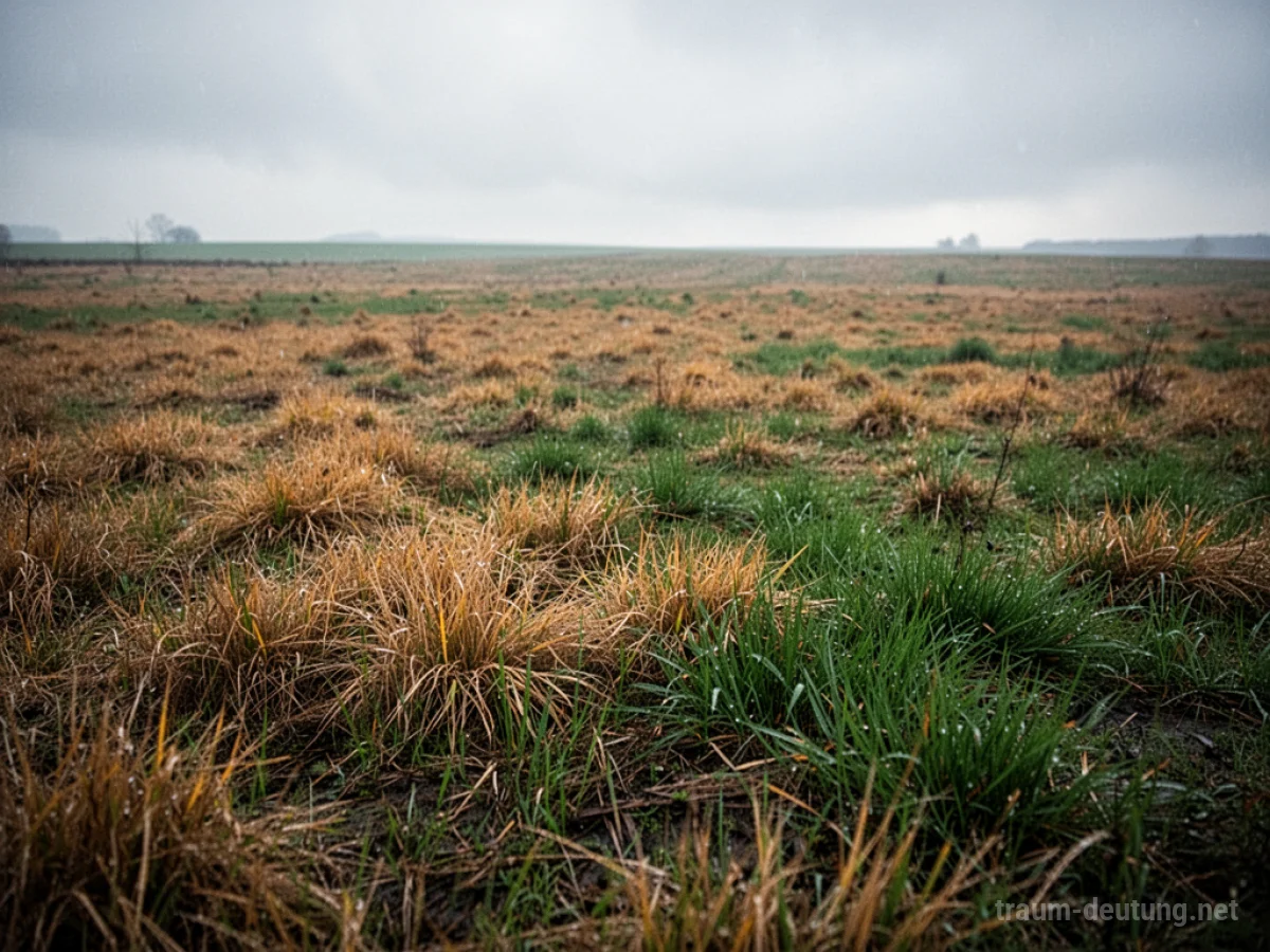Grasfeld mit gelben und grünen Halmen unter bewölktem Himmel