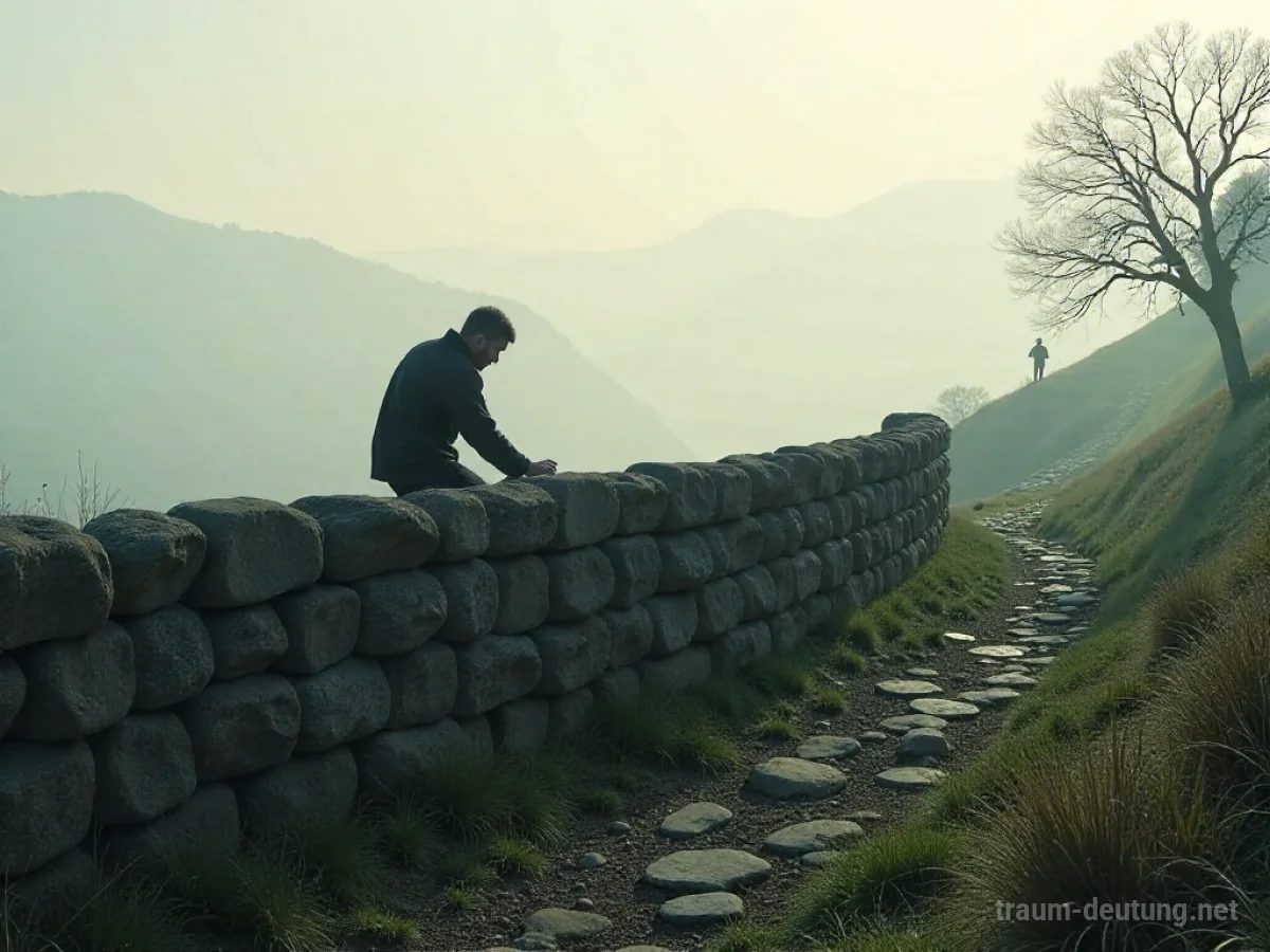 Eine Person baut eine Steinmauer in einer ruhigen Landschaft.