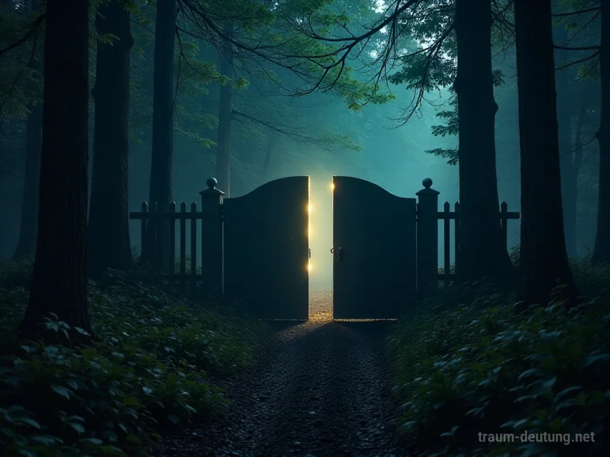 Eine leicht geöffnete Grenze im Wald mit einem Lichtschein dahinter.