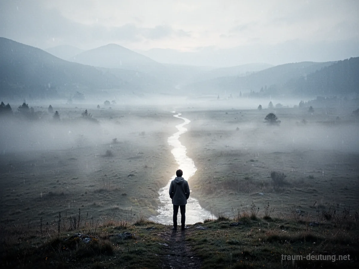 Eine Person steht am Rand einer nebligen Landschaft und blickt auf einen Pfad, der in die Ferne führt.