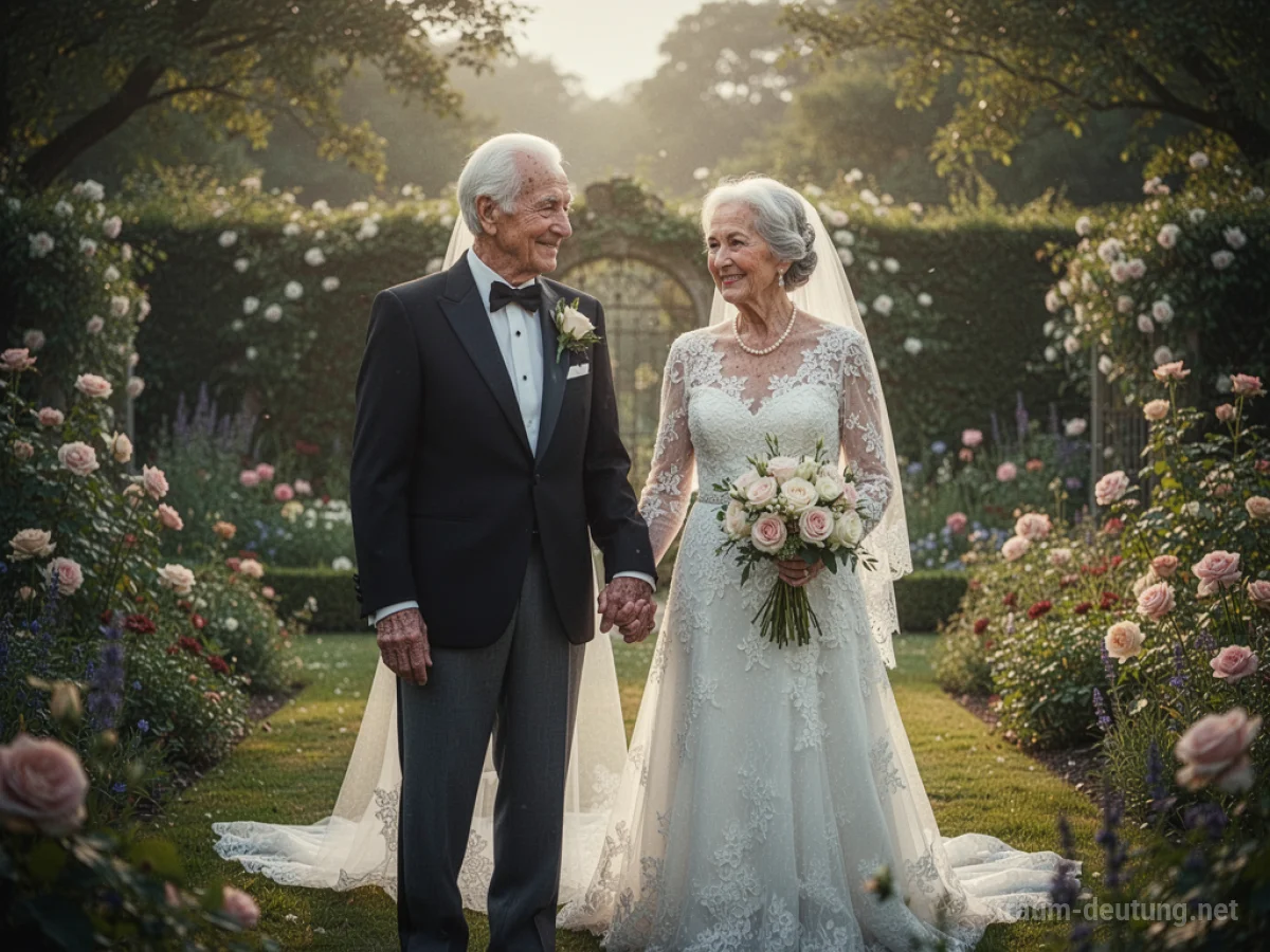 Ein älteres Paar, das sich im Traum die Hände hält und lächelt, als würde es heiraten.