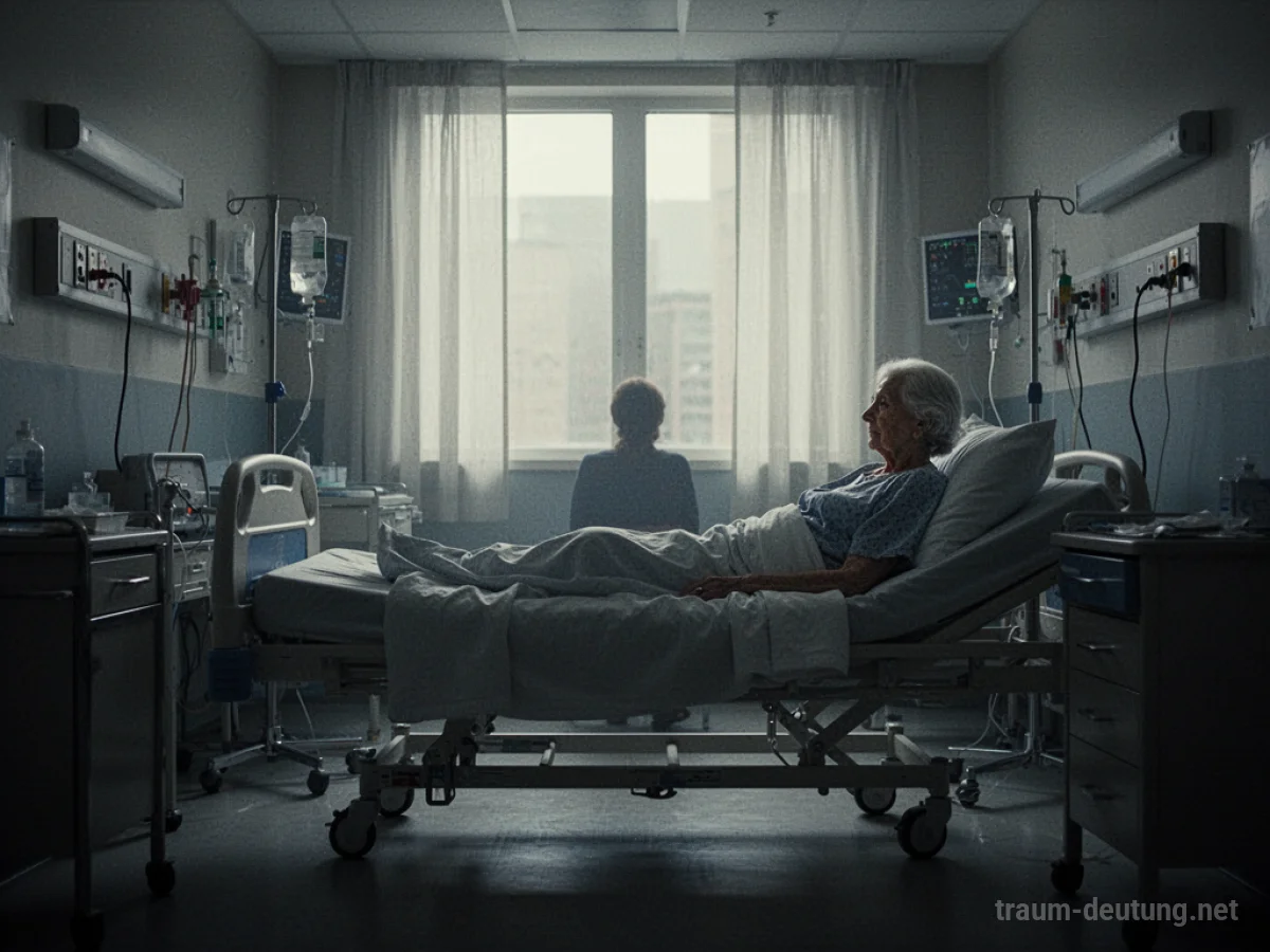 Eine ältere Frau liegt im Krankenhausbett, die Szene ist ruhig und nachdenklich.