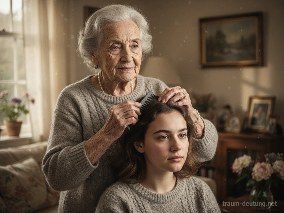 Ältere Frau kämmt sanft die Haare einer jüngeren Person in einem gemütlichen Raum.