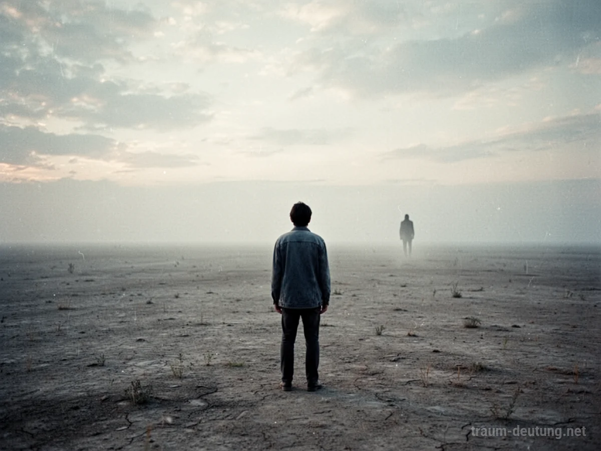 Eine Person steht allein in einer weiten Landschaft und blickt einer schwindenden Silhouette nach.