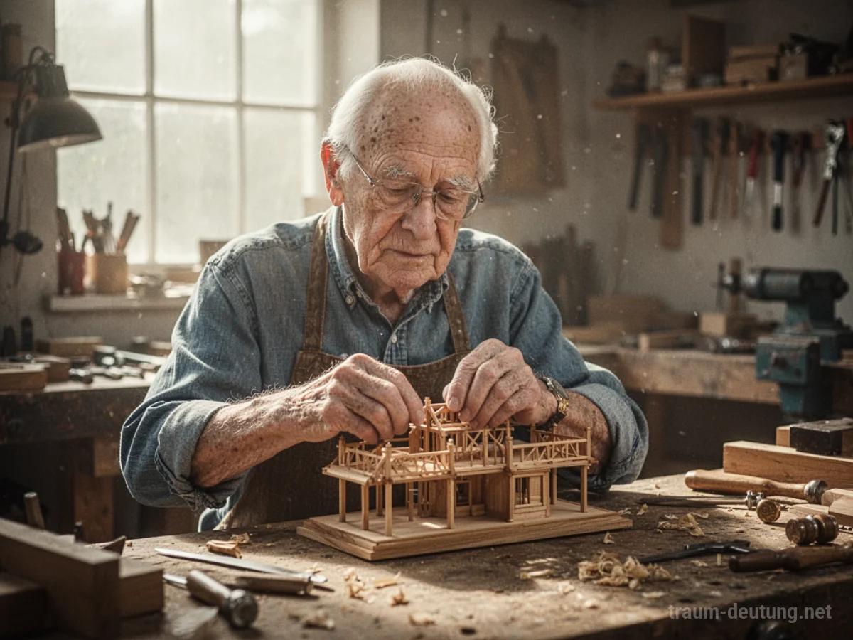 Ein älterer Mann baut konzentriert ein Holzmodell in einer hellen Werkstatt.