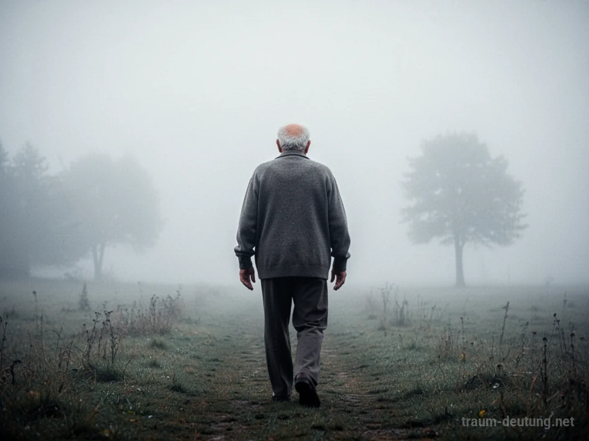Silhouetten eines Großvaters, der sich von der träumenden Person entfernt, in einer nebligen Landschaft.