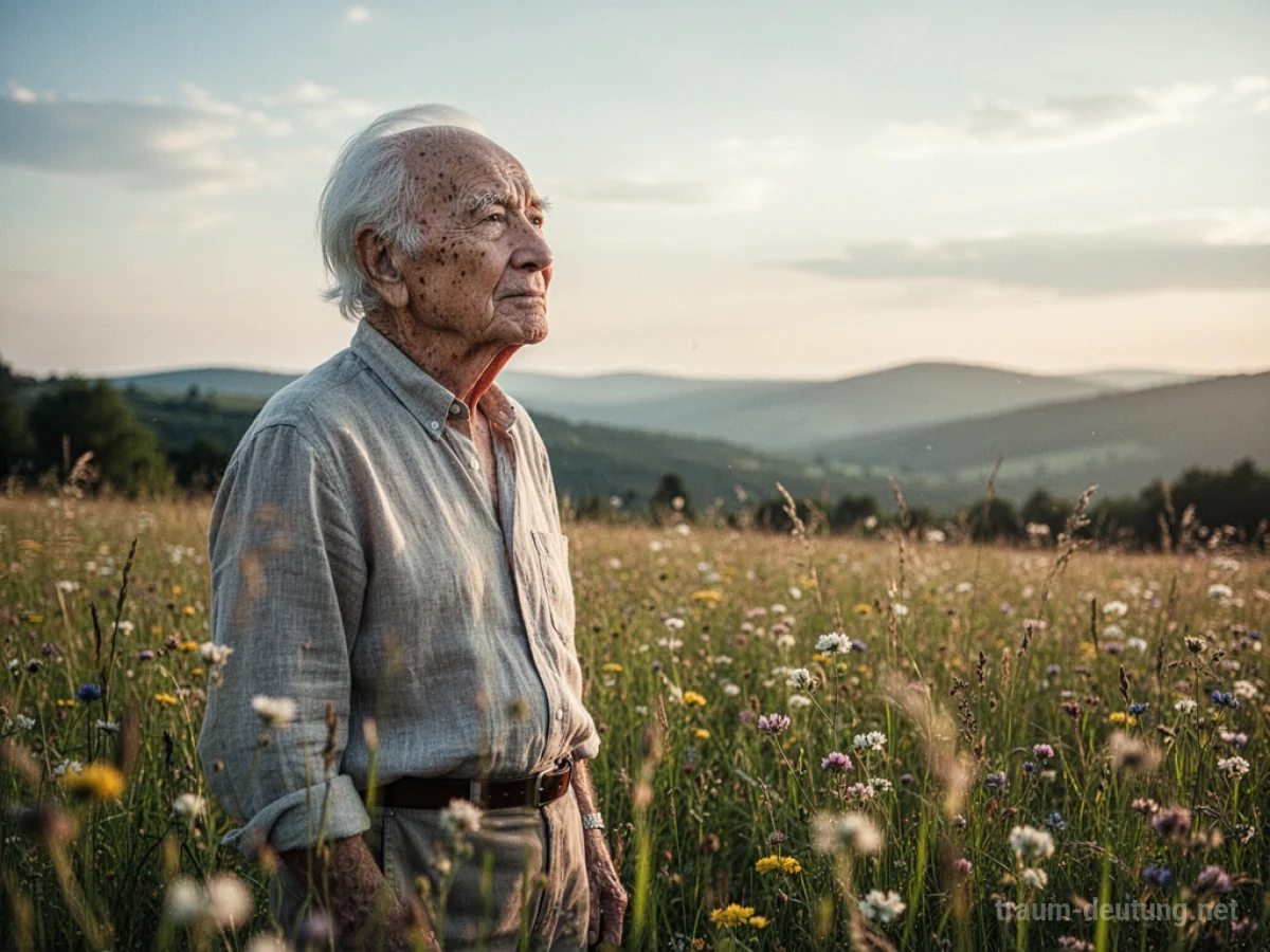 Junger Mann, der wie ein Großvater aussieht, steht in einer sonnigen Wiese.