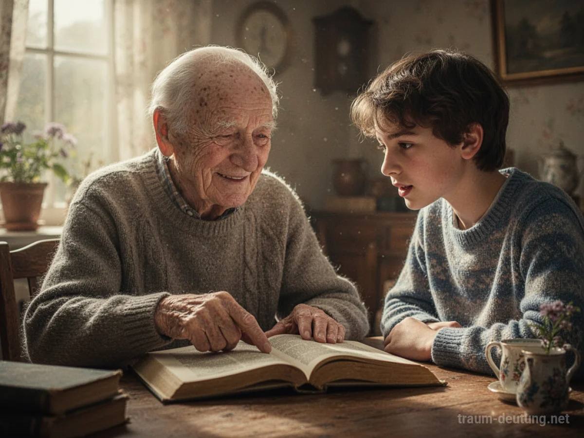 Ein älterer Mann erklärt einem jüngeren Menschen aufmerksam ein Buch.