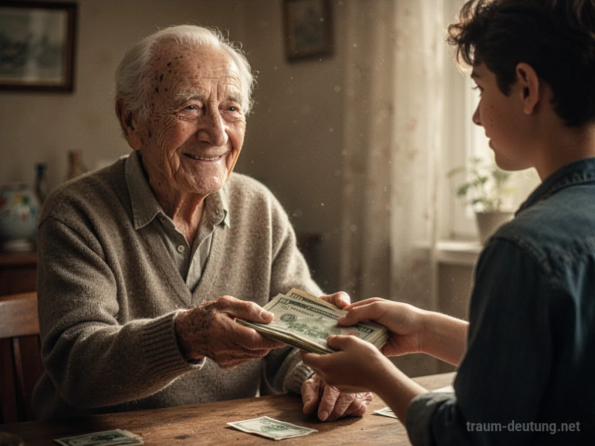 Ein Großvater gibt einem Enkelkind Geld.