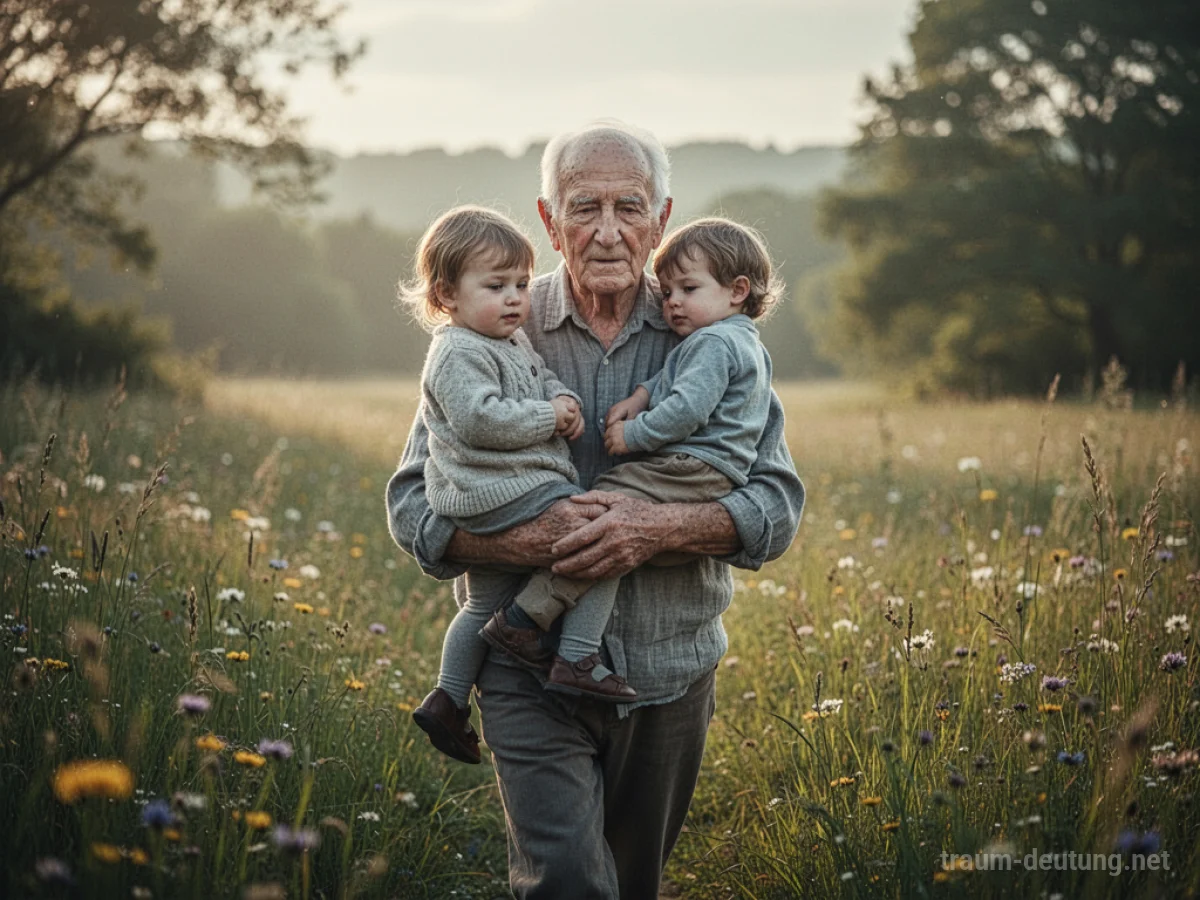 Ein Großvater trägt ein Kind auf seinen Armen durch eine sonnige Wiese.