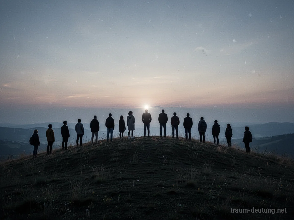 Silhouette einer Gruppe von Fremden, die auf einen Horizont blicken.
