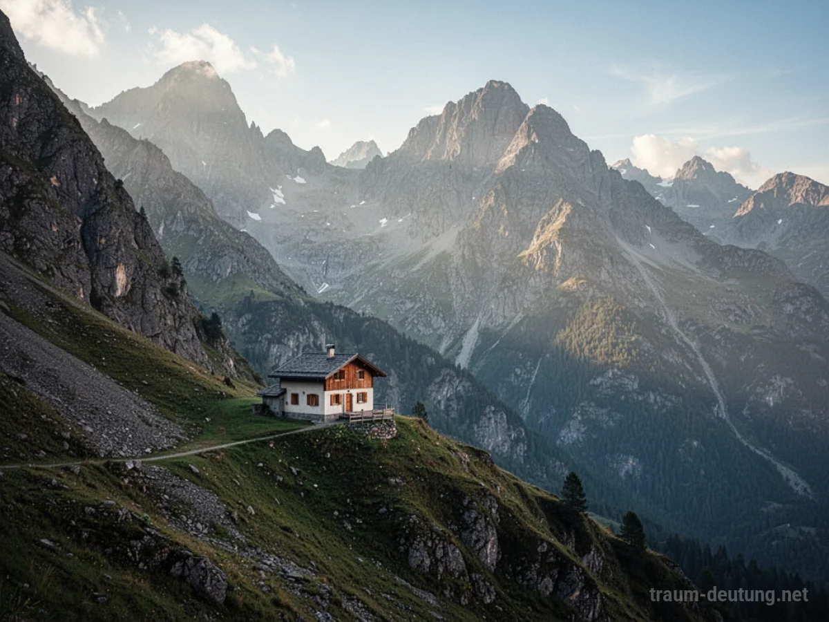 Ein kleines Haus steht isoliert auf einem steilen Berghang mit schneebedeckten Gipfeln im Hintergrund.