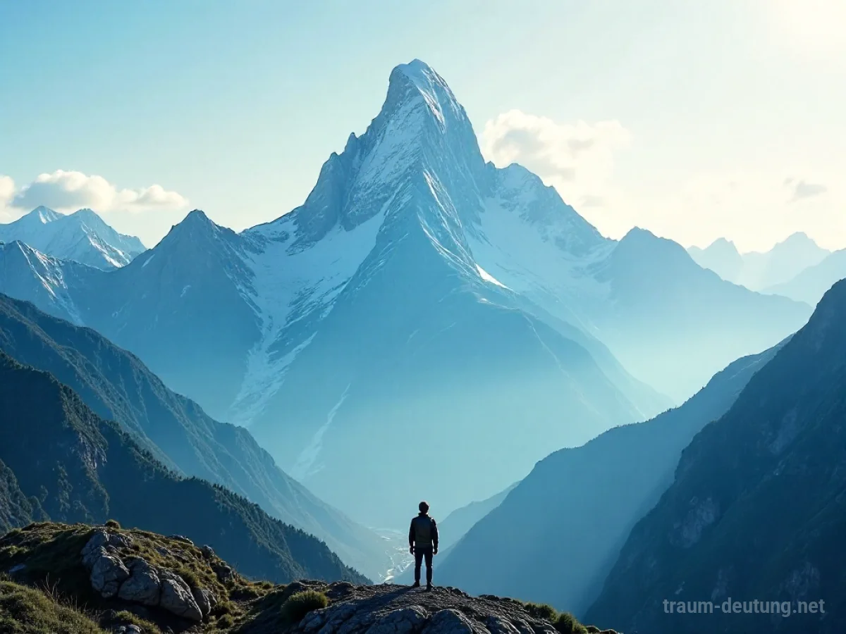 Hohe Berge mit einer kleinen Figur am Fuße, die nach oben blickt