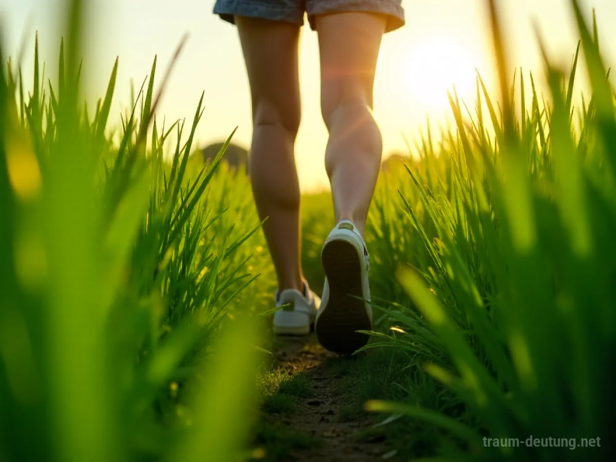 Beine einer Person, die durch dichtes hohes Gras stapfen.