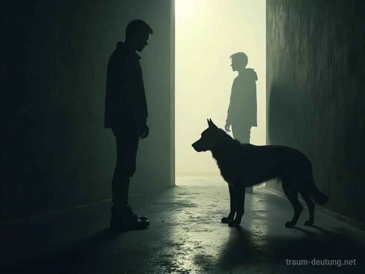 Schattenhafter Hund als Gegner steht einer Person gegenüber.