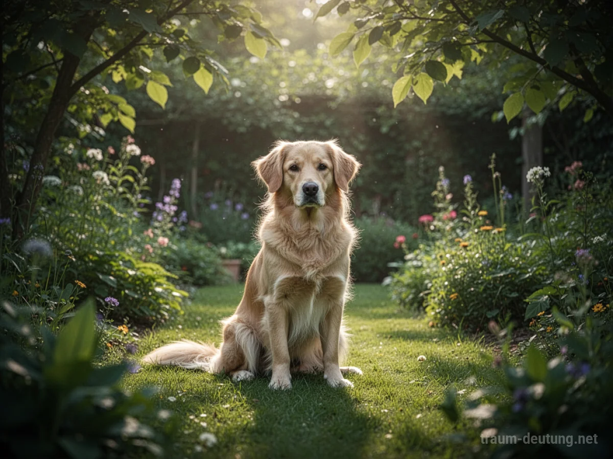 Ein Hund sitzt ruhig in einem grünen Garten.
