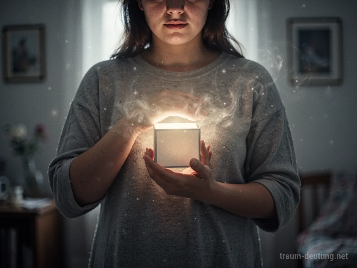 Eine Person hält ein leuchtendes Objekt, das ein Geheimnis symbolisiert, fest umschlossen.
