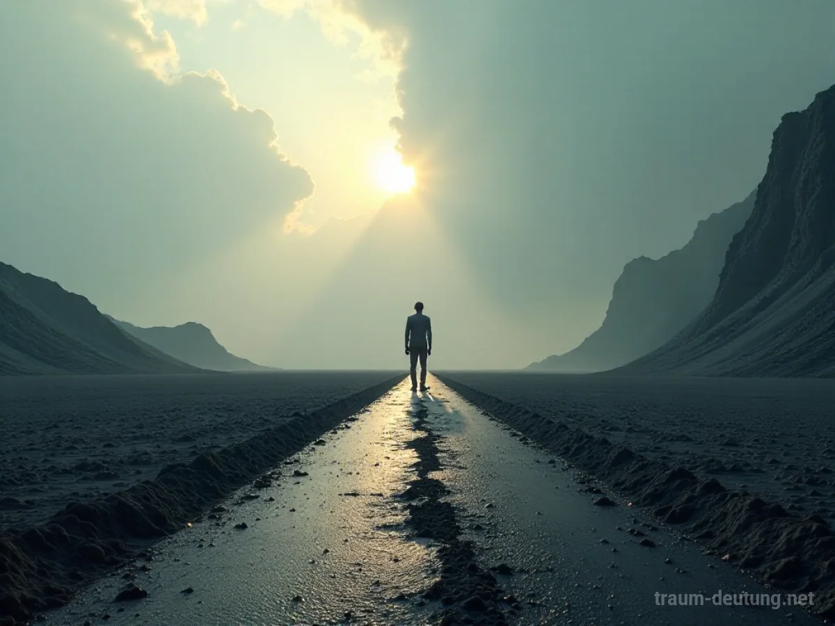 Eine Person, die eine klare Grenze in einer surrealen Landschaft darstellt.