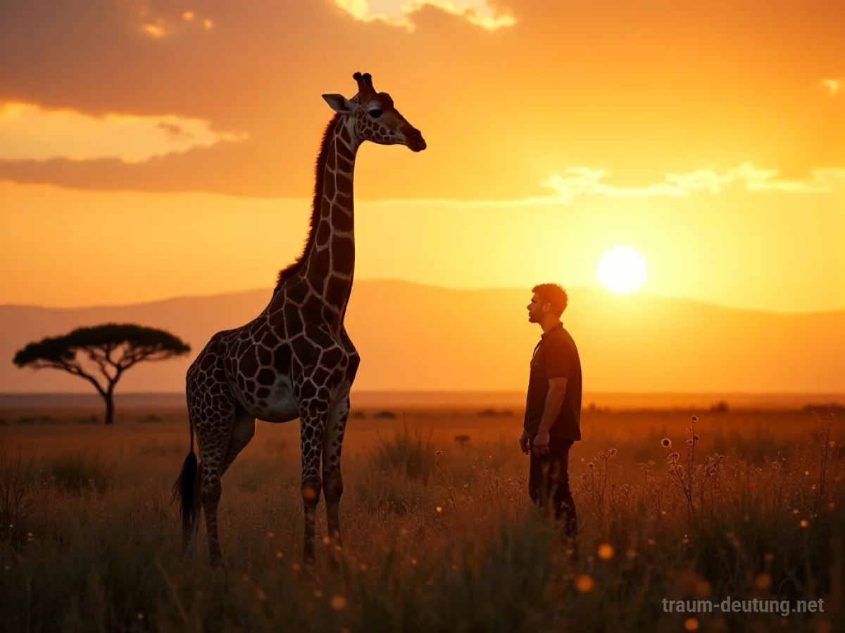 Person mit Giraffenhals steht auf Savanne im Morgenlicht