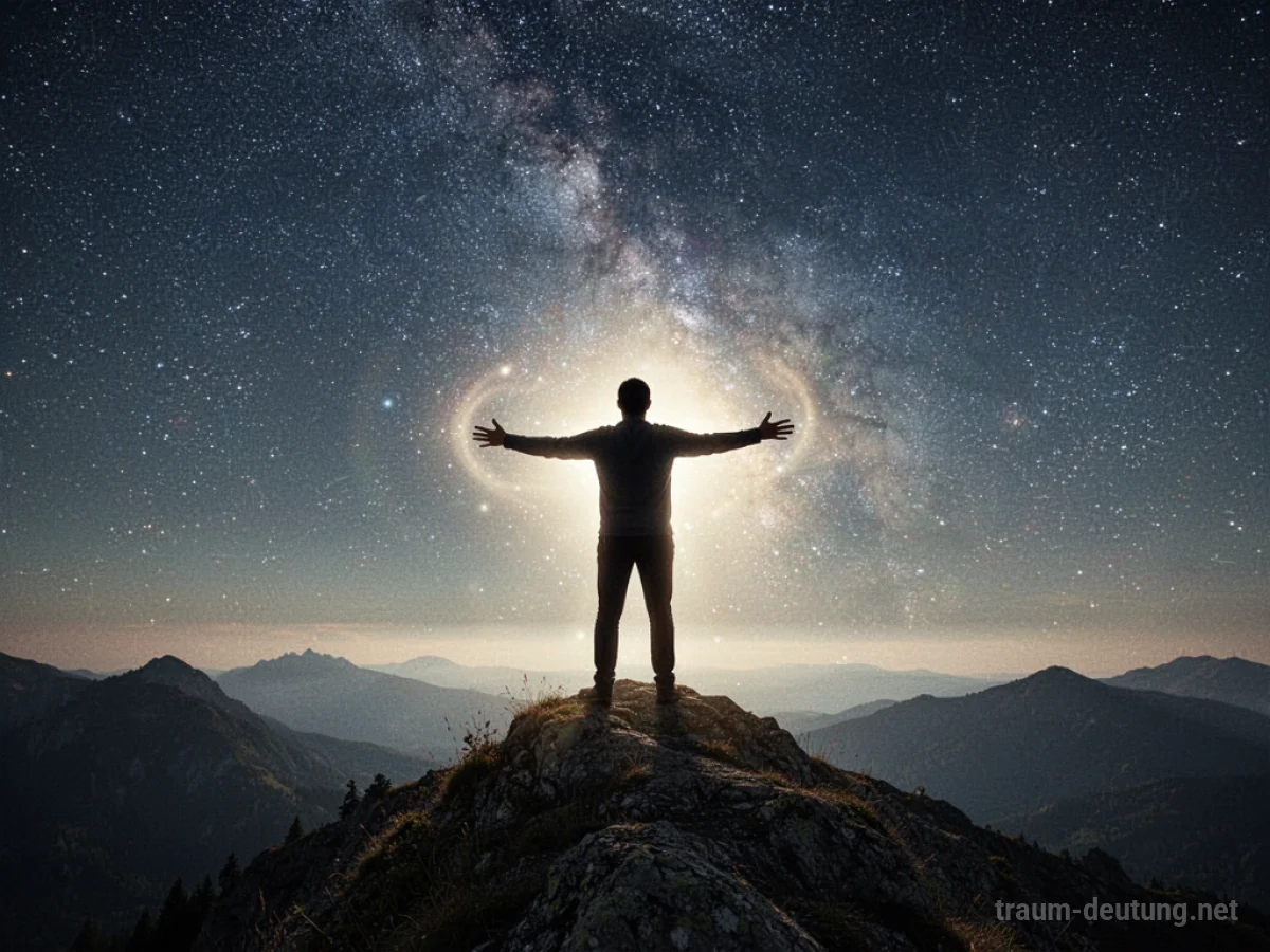 Silhouette einer Person, die Gott im Traum ist und die Arme ausbreitet.