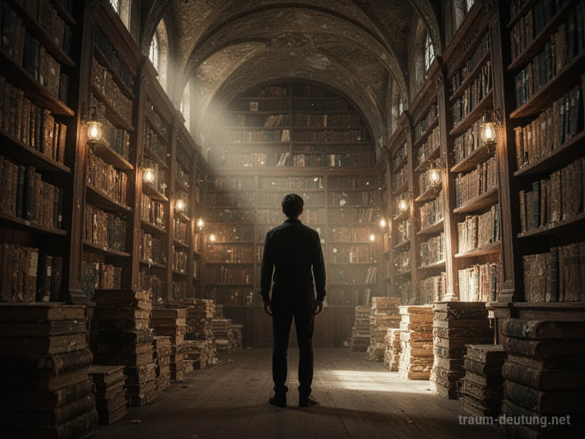Silhouette einer Person in einer alten Bibliothek, die Bücherregale voller alter Bücher umgeben.