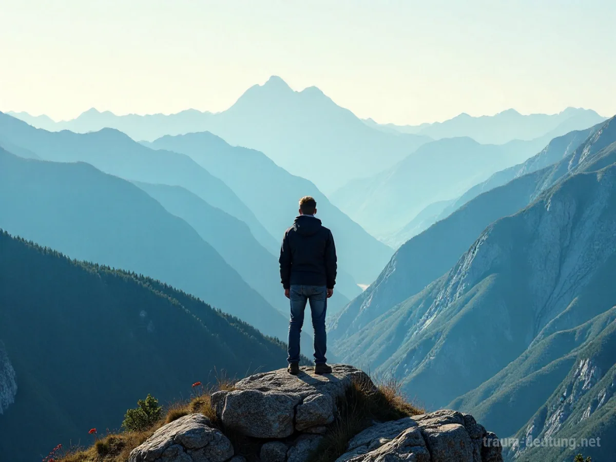 Eine Person steht auf einem Aussichtspunkt und blickt auf eine weite Bergkette.
