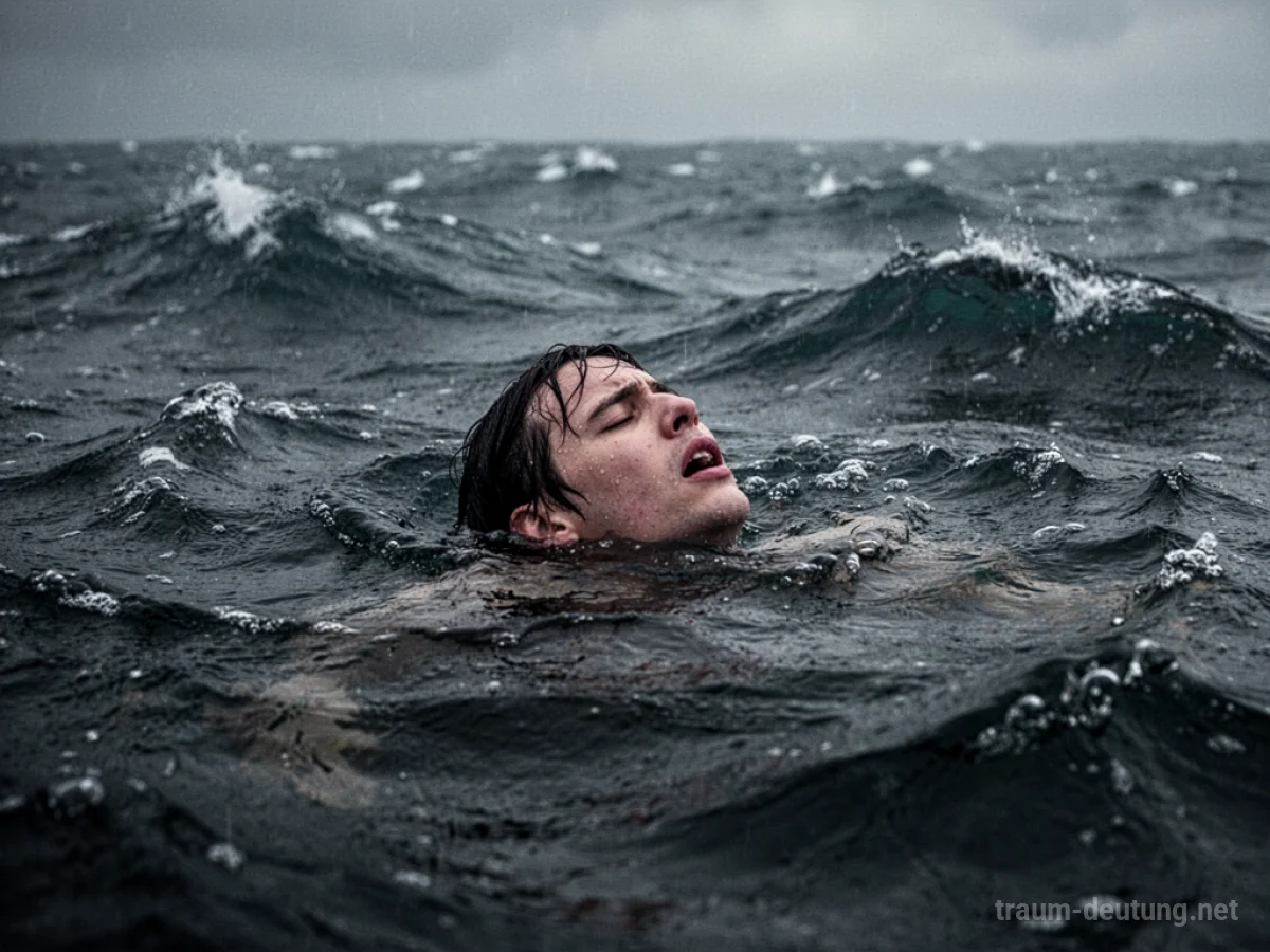 Person kämpft im Wasser ums Überleben, umgeben von dunklen Wellen.