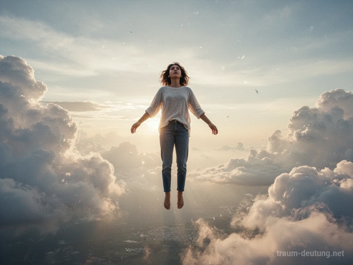 Eine Person schwebt leichtfüßig in einem hellen Himmel.