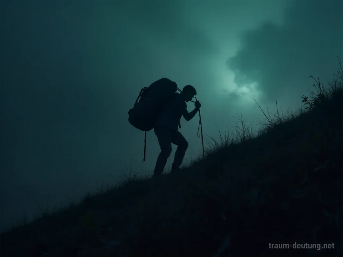 Silhouette einer Person, die eine unsichtbare Last bergauf trägt
