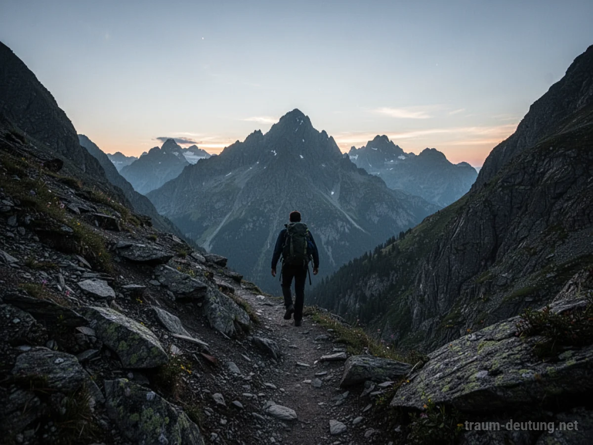 Eine Person klettert einen steilen Bergpfad im Morgengrauen.