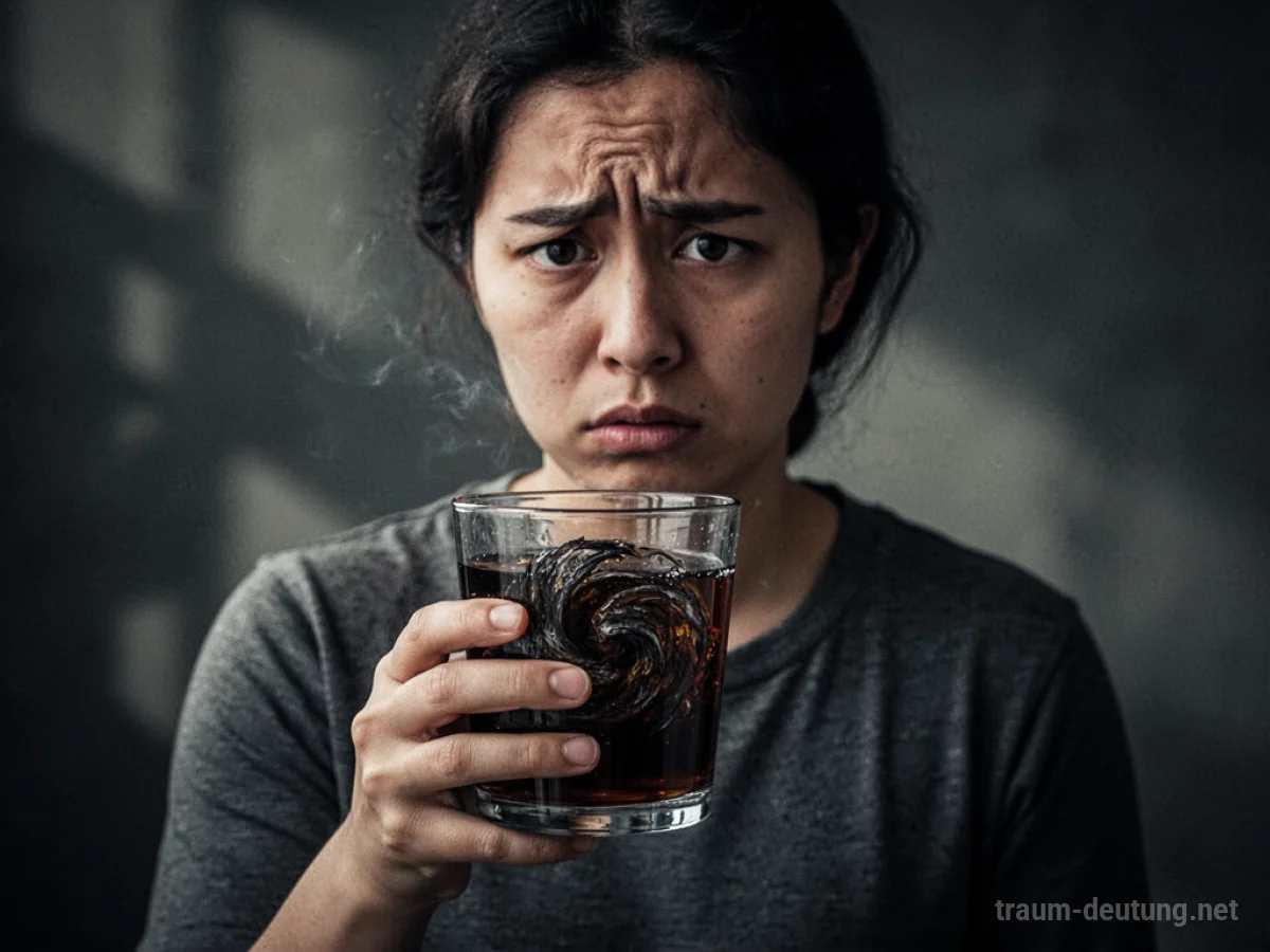 Person hält ein Glas mit dunklem Trank, steht vor einer diffuse, schattigen Kulisse
