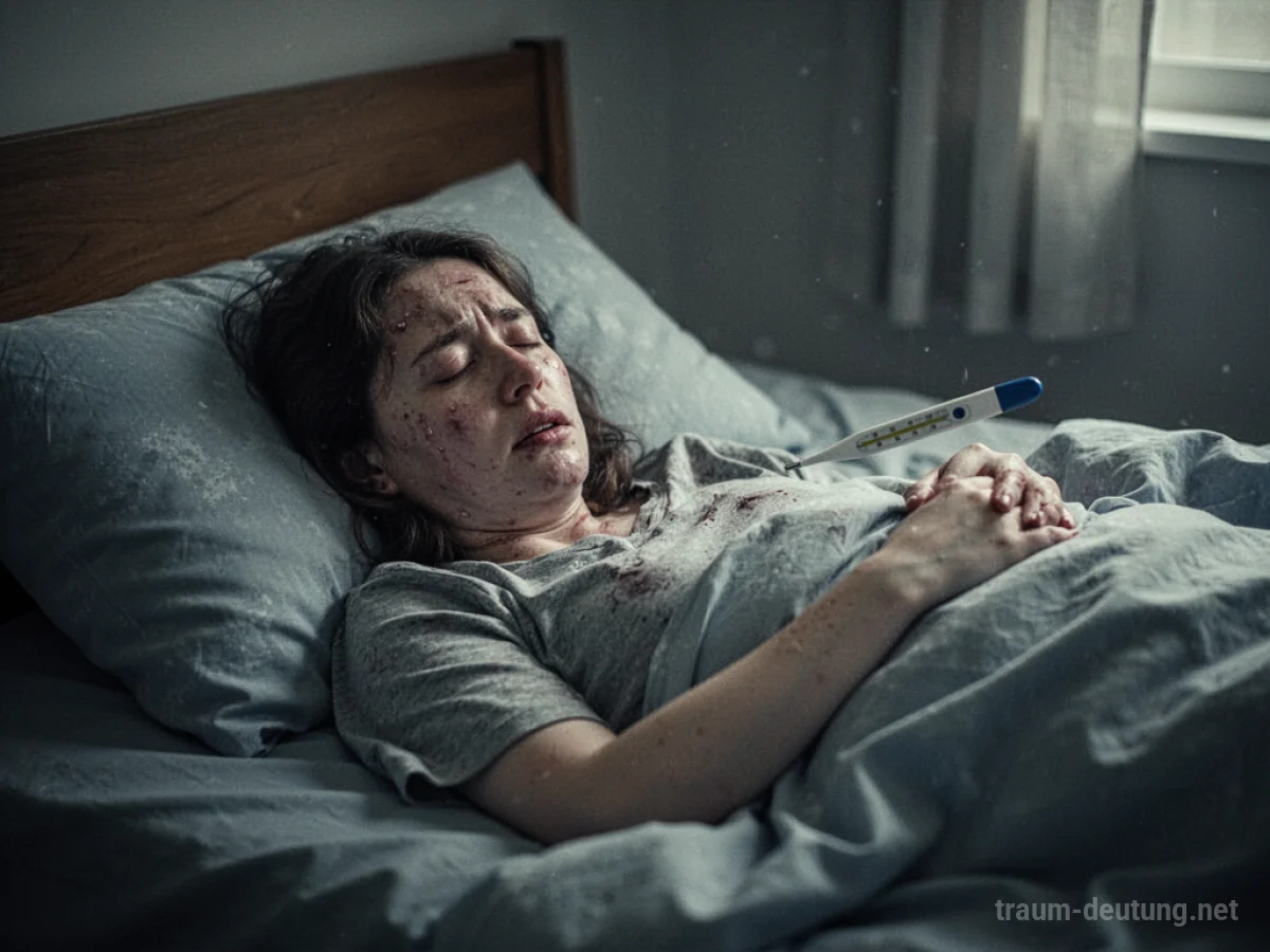 Person liegt im Bett, wirkt krank und schwach.