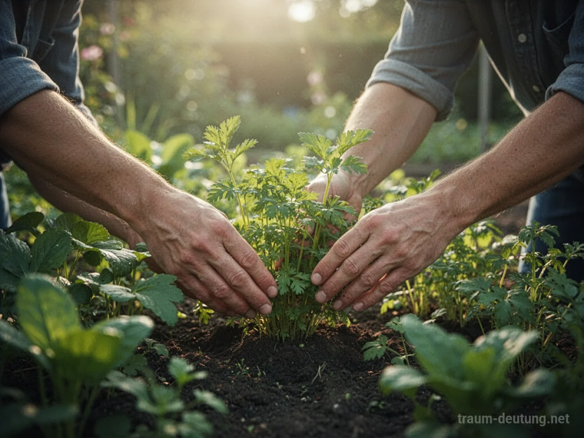 Hände arbeiten in einem sonnigen Garten mit grünen Pflanzen.