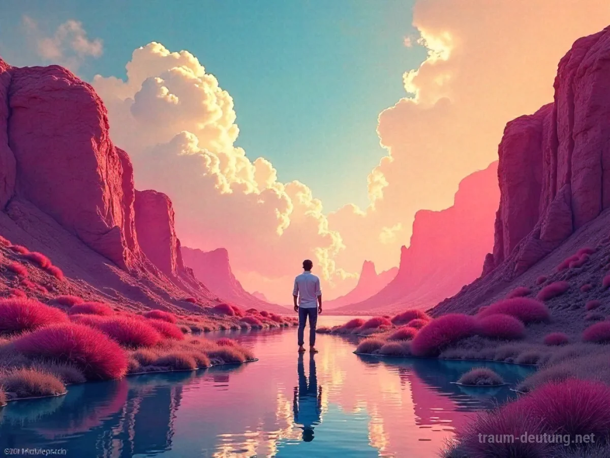 Person steht in einem surrealen, gemalten Landschaftsbild.