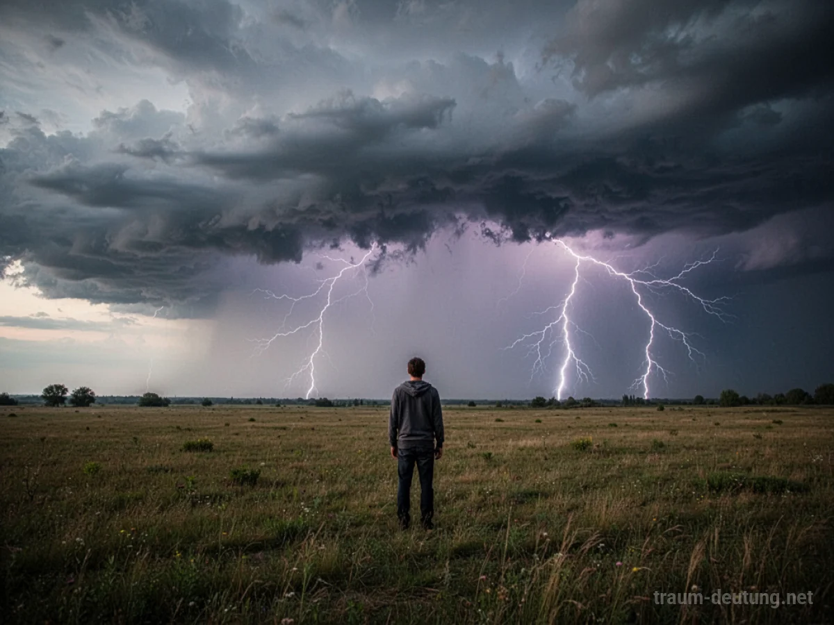 Eine einzelne Person steht auf einem Feld, während ein Gewitter mit dunklen Wolken und Blitzen am Horizont naht.